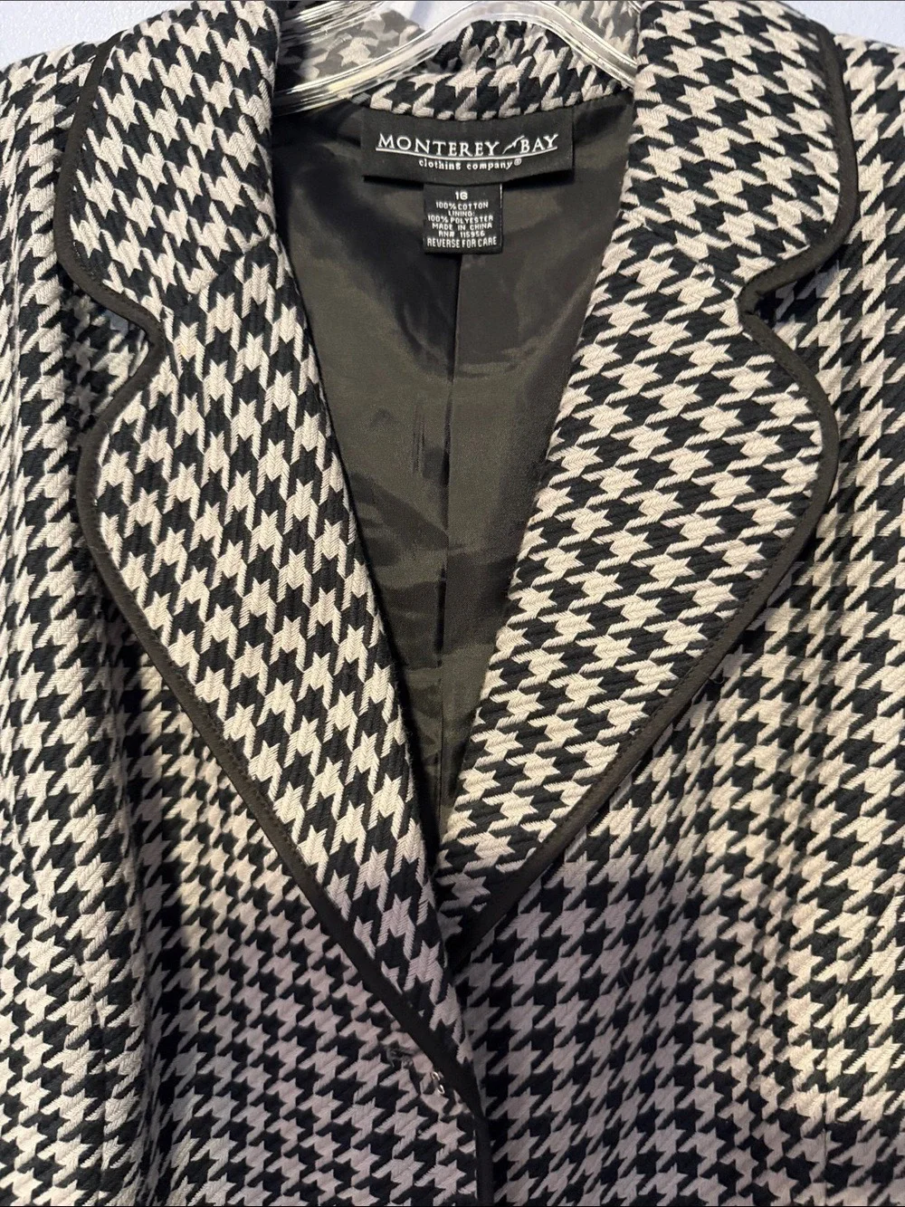 Monterey Bay Houndstooth Blazer Black Gray Piped Trim Tailored Sz 16 - Picture 4 of 9